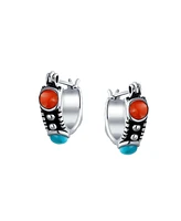 Bling Jewelry Western Boho Multi Color Black Red Blue Natural Turquoise Carnelian Onyx Bead Small Huggie Hoop Earrings .925 Sterling Silver