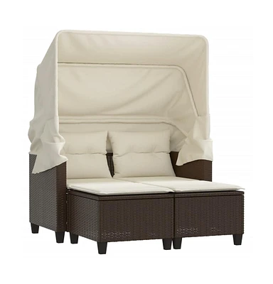 vidaXL Patio Sofa 2-Seater with Canopy and Stools Brown Poly Rattan