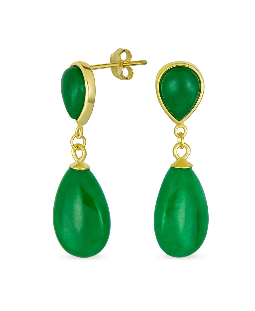 Bling Jewelry Classic Simple Dangle Delicate Double Teardrop Natural Black Onyx Green Jade Drop Earrings For Women 14K Yellow Gold Overlay .925 Sterli