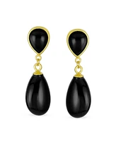 Bling Jewelry Classic Simple Dangle Delicate Double Teardrop Natural Black Onyx Drop Earrings For Women 14K Yellow Gold Overlay .925 Sterling Silver