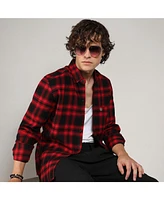 Campus Sutra Men's Midnight Black & Scarlet Red Brushed Buffalo Check Shirt