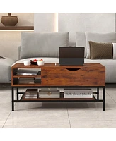 Gymax Lift Top Coffee Table w/ Hidden Compartment & Removable Storage Shelf Metal Frame