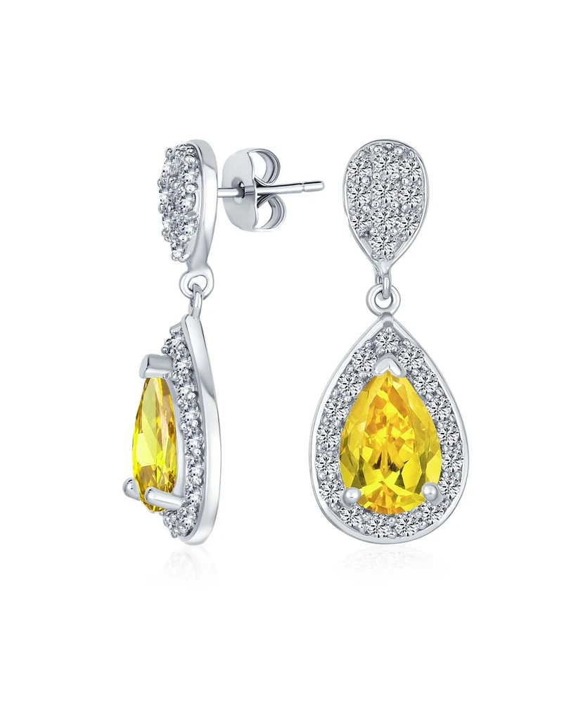 Bling Jewelry Traditional Classic Cubic Zirconia Canary Yellow 5CTW Solitaire Drop Halo Pear Shaped Teardrops Dangle Earrings Prom .925 Sterling Silve