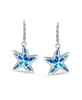 Bling Jewelry Iridescent Created Opal Inlay Nautical Vacation Honeymoon Ocean Marine Life Starfish Dangle Drop Lever back Earrings For Women