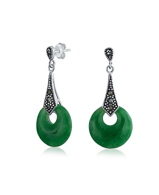 Bling Jewelry Asian Style Good Fortune Marcasite Dyed Green Jade Open Circle Dangle Drop Earrings For Women .925 Sterling Silver