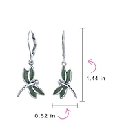 Bling Jewelry Dainty Butterfly Dragonfly Firefly Garden Green Agate Inlaid Drop Lever back Dangle Earrings For Women .925 Sterling Silver