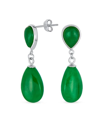 Bling Jewelry Classic Simple Dangle Delicate Double Teardrop Natural Black Onyx Green Jade Drop Earrings For Women 14K Yellow Gold Overlay .925 Sterli