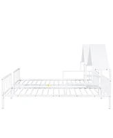 Slickblue Metal Double Twin Platform Bed with House-Shaped Headboard and Built-In Nightstand