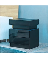 Slickblue Led Nightstand Modern Black Nightstand with Led Lights Wood Led Bedside Table Nightstand with 2 High Gloss Drawers for Bedroom