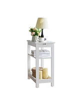 Kings Brand Furniture Slim Wood Side End Table with Storage Shelves & Pull-Out Tray, Nightstand for Bedroom, Living Room