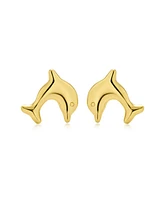 Bling Jewelry Petite Tiny Nautical Vacation Dolphin Real Yellow 14K Gold Stud Earrings For Women Secure Push Back