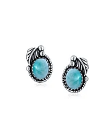 Bling Jewelry Native American Style Natural Blue Larimar Oval Bezel Leaf Rope Edged Stud Earrings Western Jewelry For Women Oxidized .925 Sterling Sil