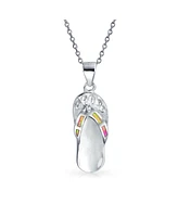 Bling Jewelry Pink Rainbow Created Opal Nautical Flip Flop Sandal Pendant Necklace For Women .925 Sterling Silver