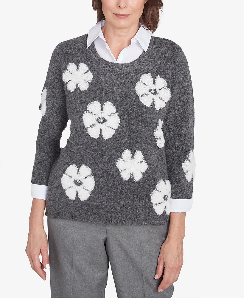 Alfred Dunner Women's Copenhagen Floral Collared Two One Sweater