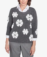 Alfred Dunner Women's Copenhagen Floral Collared Two One Sweater