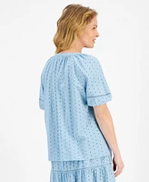 Style & Co Women's Cotton Split-Neck Short-Sleeeve Eyelet Top, Exclusively at Macy's