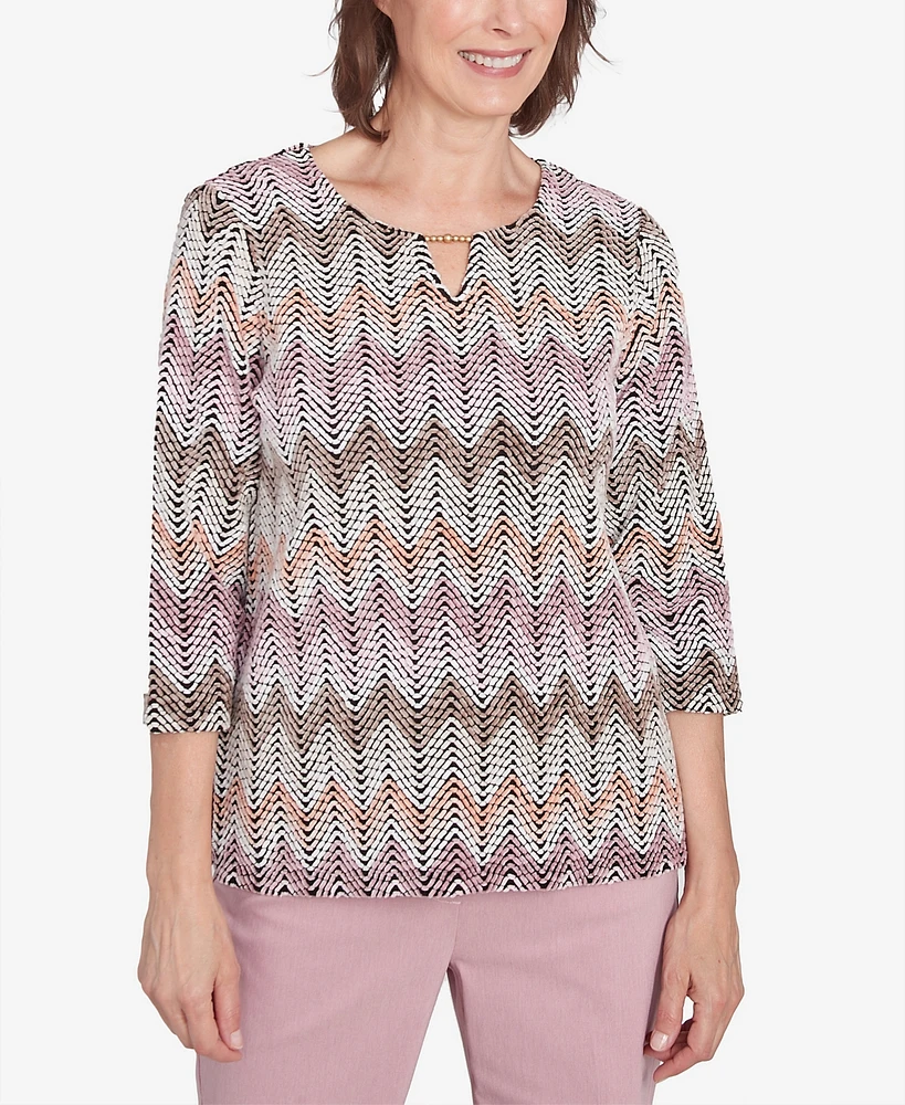 Alfred Dunner Women's Telluride Chenille Zig Zag Split Neck Top