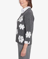 Alfred Dunner Women's Copenhagen Floral Collared Two One Sweater