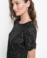 Dkny Petite Sequined Short-Sleeve Crewneck Top