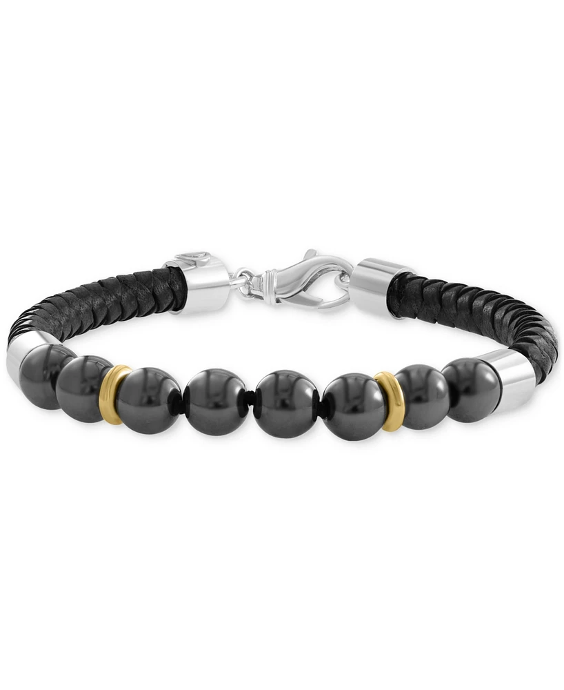 Effy Men's Hematite Bead Woven Leather Bracelet in Sterling Silver & 18k Gold-Plate