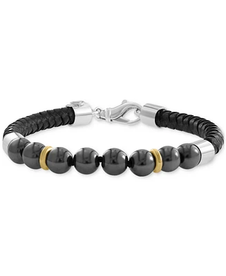 Effy Men's Hematite Bead Woven Leather Bracelet in Sterling Silver & 18k Gold-Plate