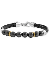 Effy Men's Hematite Bead Woven Leather Bracelet in Sterling Silver & 18k Gold-Plate