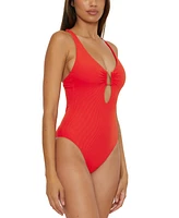 Becca Women's Modern Edge Ribbed Plunge-Neck One-Piece Swimsuit