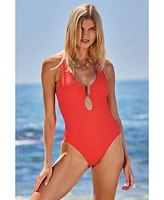 Becca Women's Modern Edge Ribbed Plunge-Neck One-Piece Swimsuit