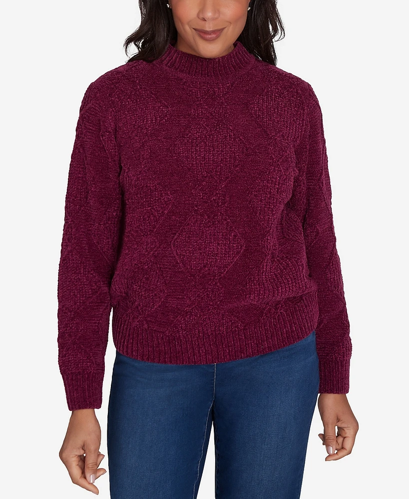 Alfred Dunner Women's Classic Chenille Diamond Stitch Turtleneck Sweater
