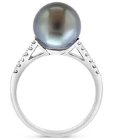 Effy Cultured Tahitian Pearl (10mm) & Diamond (1/10 ct. t.w.) Ring in 14k White Gold