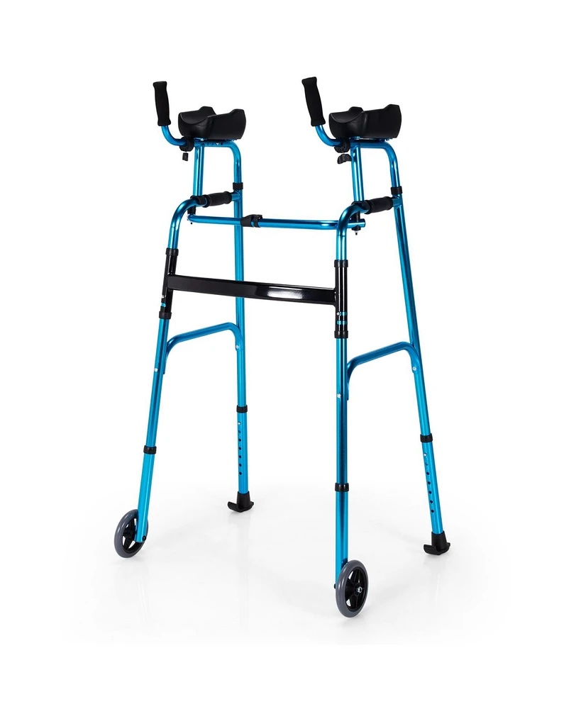 Sugift Folding Adjustable Aluminum Wheel Walking Frame-Navy