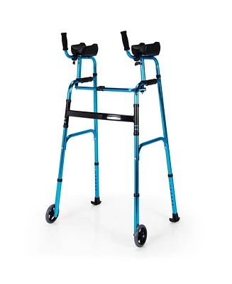 Sugift Folding Adjustable Aluminum Wheel Walking Frame-Navy