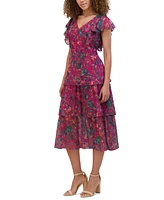 kensie Women's V-Neck Printed Ruffle Dress