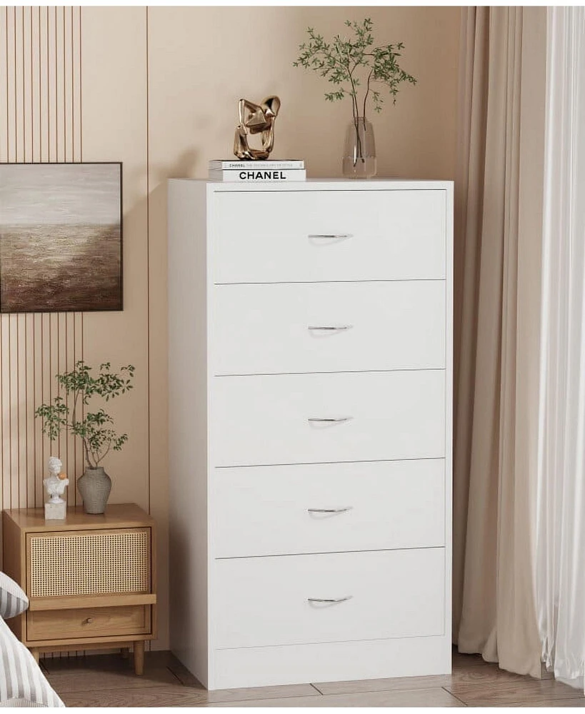 Sugift 5 Drawer Dresser White Modern Wood Chest of Drawers for Bedroom