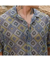 Campus Sutra Men's Lapis Blue & Yellow Ochre Geometric Block Oversized Shirt