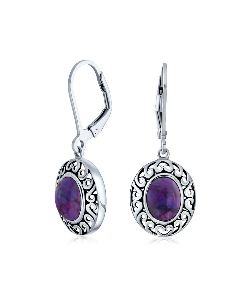 Bling Jewelry Western Style 3CT Oval Stabilized Purple Turquoise Bezel Dangle Lever Back Earrings For Women .925 Sterling Silver