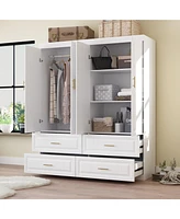 Famapy White Wooden 4-Door Super Large Bedroom Armoire Wardrobe with Hanging Bars