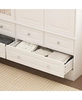Famapy White Wood Wardrobe Armoires Mirror, Drawers, Adjustable Shelves