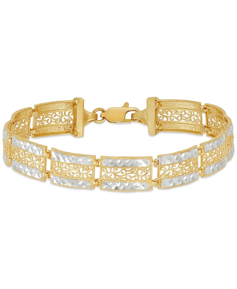 Textured & Filigree Two-Tone Open Link Bracelet in 10k Gold - Two