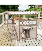 Slickblue 2-Story Feral Cat House: Outdoor/Indoor Kitty Home with Durable Pvc Roof, Escape Door, Curtain & Stairs - Ideal for Multiple Cats