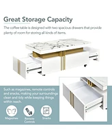 Slickblue Contemporary Coffee Table with Faux Marble Top – Rectangle Cocktail Table on Caster Wheels with Gold Metal Bars for Living Room