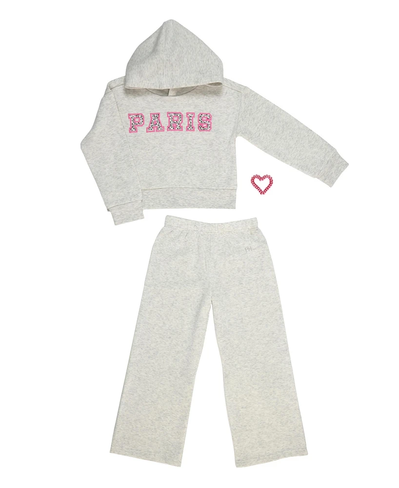 Paris Hilton Toddler Girls Hoodie Sweatshirt and Wide Leg Sweatpants Lounge Set with Hair Ties