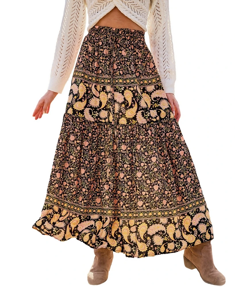 Cupshe Women's Black Ditsy & Paisley Smocked Waist Maxi Skirt