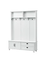 Slickblue Modern Hall Tree with Storage Cabinet & 2 Large Drawers: Wide Mudroom Bench with 5 Coat Hooks - White