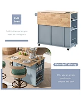 Slickblue Kitchen Island with Power Outlet: Drop Leaf, Rubber Wood Top, Open Storage, Wine Rack, 5 Wheels, & Adjustable Storage