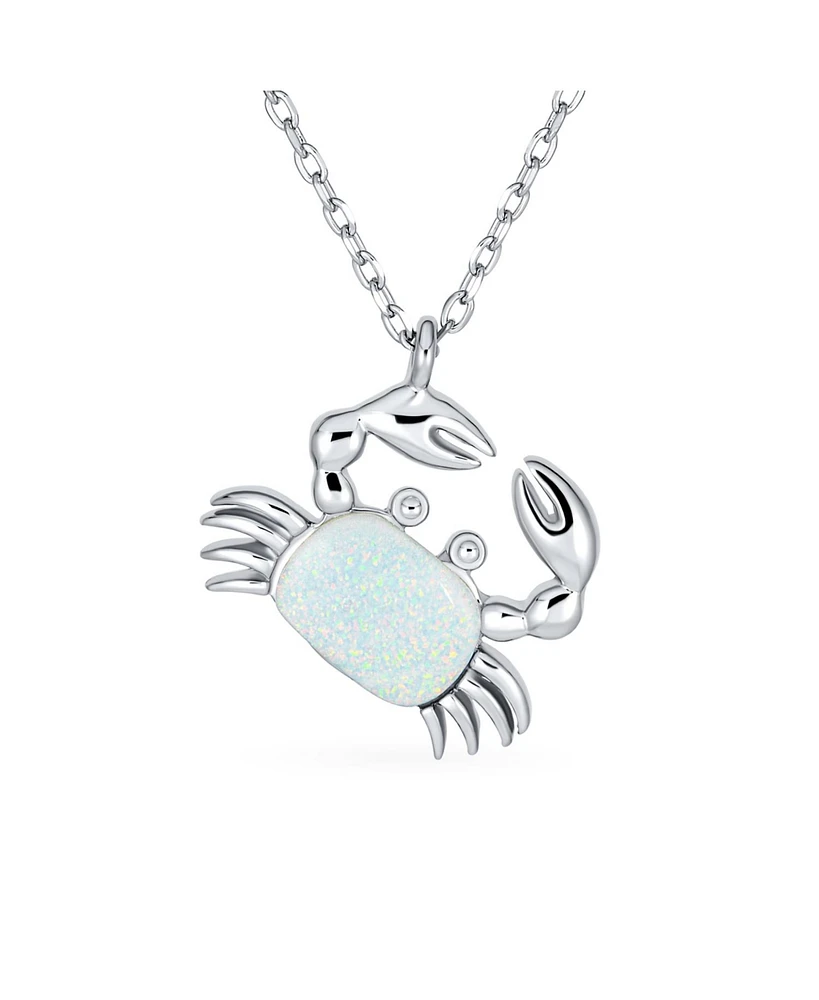 Bling Jewelry White Tropical Vacation Nautical Created Opal Beach Sand Crab Dangling Pendant Necklace For Women .925 Sterling Silver