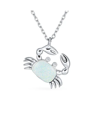 Bling Jewelry White Tropical Vacation Nautical Created Opal Beach Sand Crab Dangling Pendant Necklace For Women .925 Sterling Silver