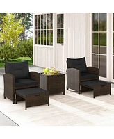 Costway 5 Piece Patio Rattan Furniture with 2 Ottomans & Tempered Glass Coffee Table