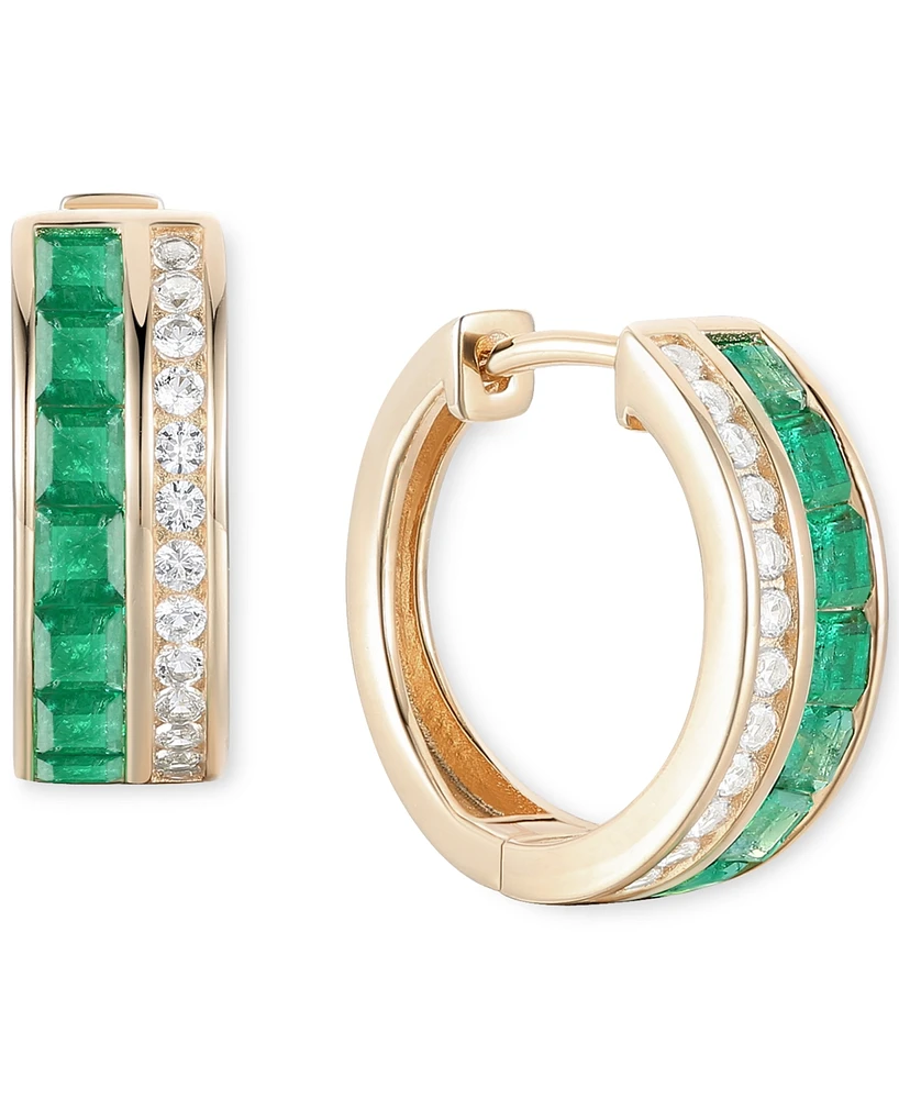 Emerald (1-1/4 ct. t.w.) & Diamond (1/4 ct. t.w.) Small Hoop Earrings in 14k Gold, 0.5"