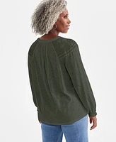 Style & Co Petite Mesh-Trim Ruffled-Cuff Top, Created for Macy's